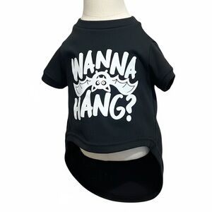Wanna Hang Dog tee Shirt Halloween Size medium Black Bat Design‎ Buttons & Bone